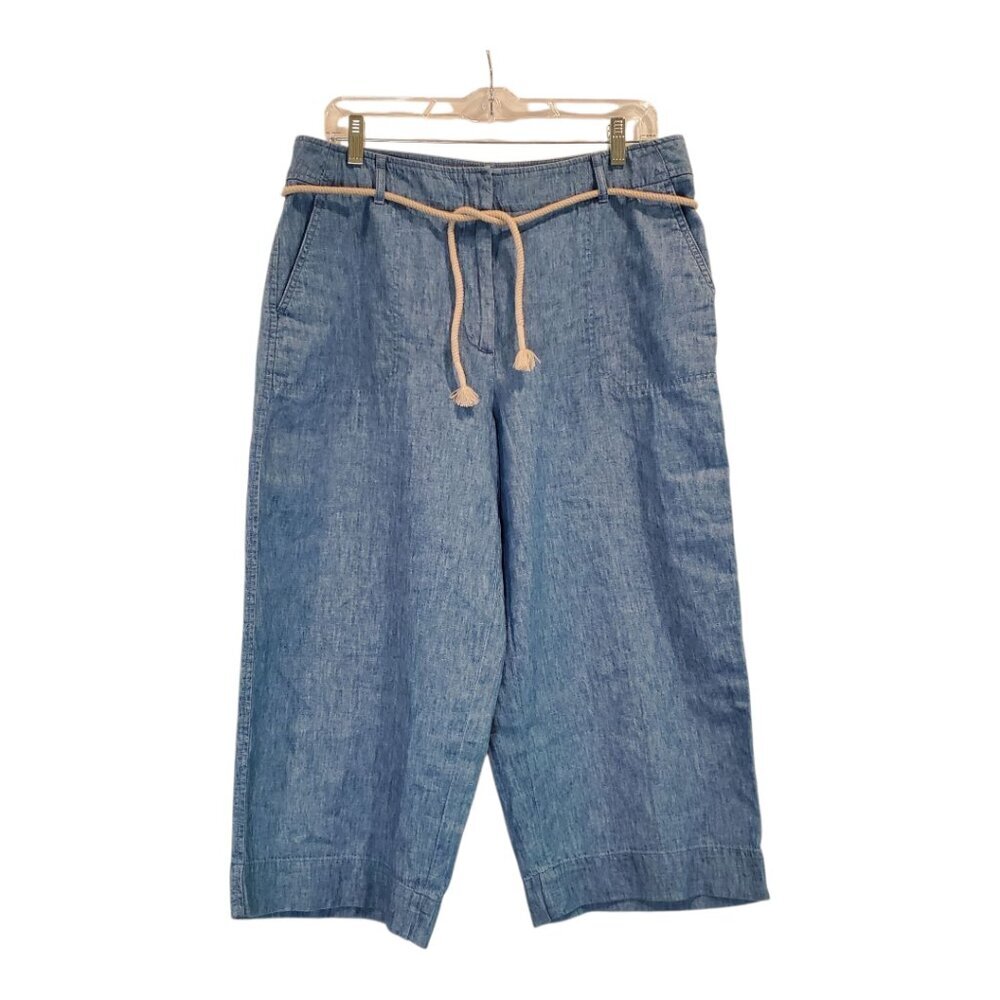 NEW TALBOTS SZ 12P Linen Blend Wide Leg Crop Pants in Blue w/Rope Tie Belt
